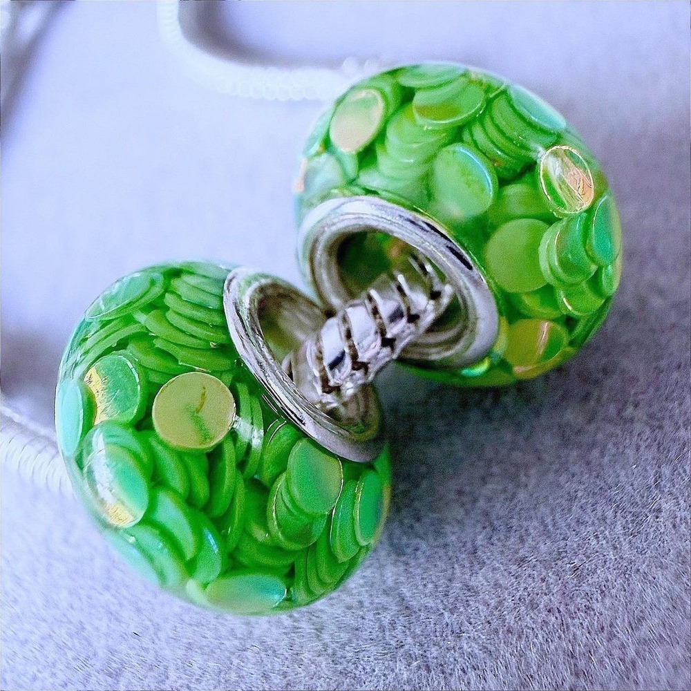 Set of 2 Green Confetti Spacer Beads fits PANDORA